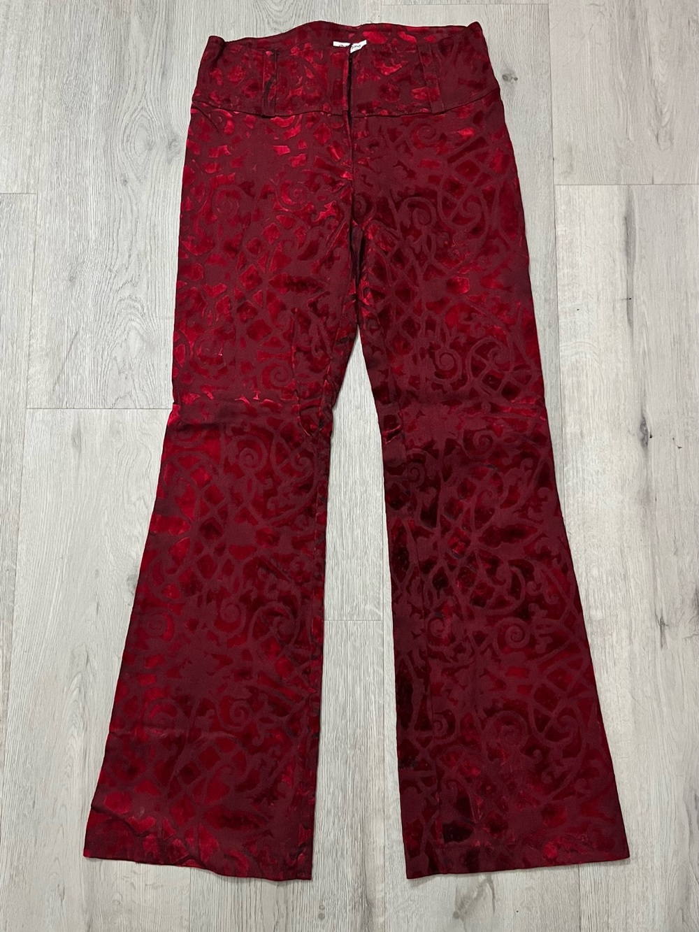 Sharagano Wine Red Velvet-Pattern Flare Pants